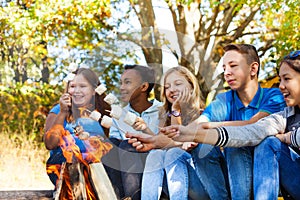 Group of teens hold marshmallow sticks near flame