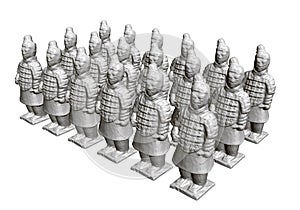 Group of terracotta warriors. Sculptures of ancient terracotta warriors. 3D. Isometric view. Vector illustration