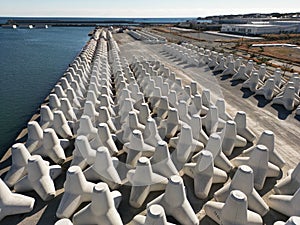 Group of tetrapods at the seashore in Japan on a sunny day