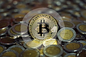 Group of Thai Baht coins and bitcoin figure
