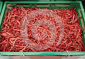 Group of Thai dry chili pepper in plastic basket