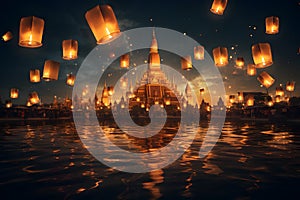 Group of Thai people release sky floating lanterns or lamp to worship Buddha\'s relics with reflection