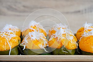 Group of Thai traditional sweet delicious poddy palm cake or well known as Khanom Tarn