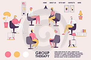 Group therapy landing page template. Various people consulting with psychologist sitting in circle. Pink and yellow colors, people