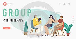 Group Therapy, Psychotherapeutic Meeting Landing Page Template. Psychological Aid for Women. Characters Sit in Circle