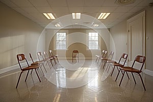 group therapy room, room set up with chairs in a circle for group therapy sessions, fostering a safe environment for photo
