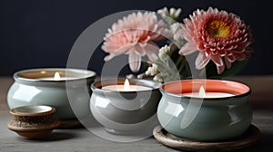 a group of three candles sitting next to a vase with flowers