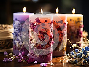 A group of three candles sitting on top of a wooden table. Digital image