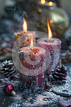 A group of three candles on a table. Suitable for various occasions