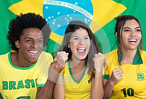 Group of three cheering brazilian soccer fans