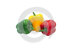 Group three color vegetable capcicum decoration food. Red Yellow green sweet peeper or bell pepper . Isolated on white background