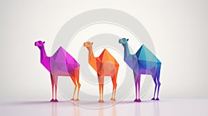 A group of three colorful camels standing next to each other
