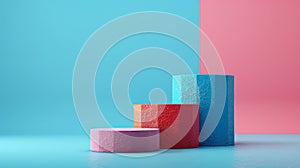 A group of three colorful cylinders on a blue and pink background, AI