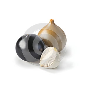 Black onion bulb and garlic clove white background