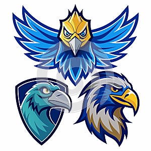 A group of three eagles, each with a distinct color, flying together, Illustrated Blue Hawk, Eagle, Falcon Logos