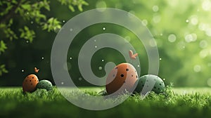 A group of three eggs are sitting on a green grassy field