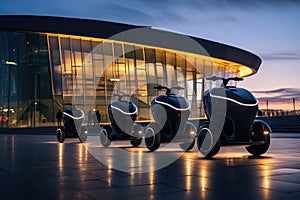 A group of three electric vehicles parked in front of a building, Segways parked in front of a futuristic building, AI Generated