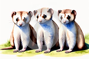 A Group Of Three Ferrets Sitting Next To Each Other. Generative AI
