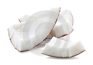 Group of three fresh coconut pieces or slices on white background