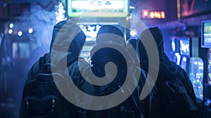 A group of three friends in hooded jackets huddle together as they cautiously make way towards the ghostly game booth. .