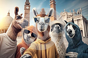 Group of three funny donkeys in front of Big Ben, London, UK