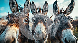 group of three funny donkeys looking in the camera