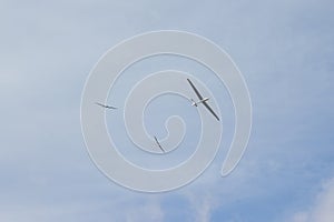 Group of three gliders flying against cloudy sky. High performance sailplanes