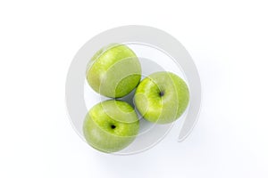 Group of three Green apples isolated on white background, fresh green apples for organic fruits