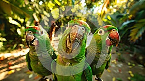 A group of three green parrots are standing next to each other, displaying vibrant plumage and sharp beaks