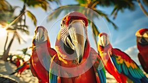 A group of three green parrots are standing next to each other, displaying vibrant plumage and sharp beaks