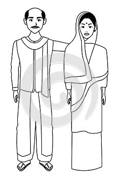 Indian couple avatar cartoon character in black and white photo