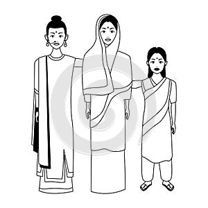 Indian family avatar cartoon character in black and white photo