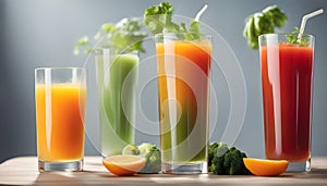 Group of three juices with colorful fruits.