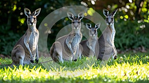 A group of three kangaroos sitting in the grass next to each other, AI