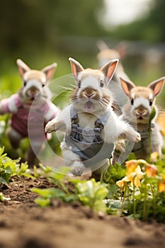 A group of three small rabbits running in a field, AI