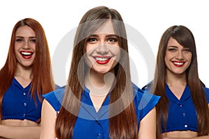 Group of three smiling women. triplets sisters