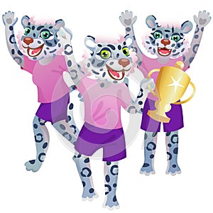 Group of three snow leopard girls in sport uniform cheering with gold goblet