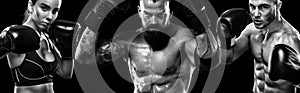 Group of three sportsmans boxers on black background. Copy Space. Sport concept.