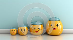 A group of three yellow canisters with faces on them. Generative AI image.