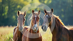 Group of three young horses on the pasture. AI Generative