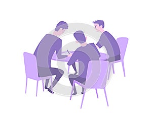 Group of three young people having discussion at the table. Brainstorming. Flat vector illustration. Isolated on white