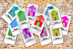 Group of tickets with several options: buy, sell or rent your home; make your choice