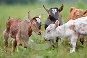 group of tiny goats head-butting and playing in green meadow