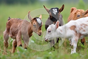 Grupo de pequeno cabras a en prado verde 