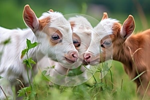group of tiny goats head-butting and playing in green meadow