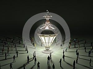 A group of tiny people walking towards a vintage light bulb 3d r