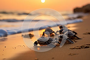 A group of tiny turtles making their way across the sandy beach towards the ocean, A group of sea turtles hatchlings making their