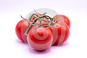 a group of tomatoes on a white surface with green stems on top of them, with a white background