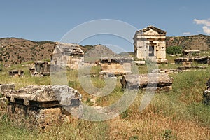Group of tombs and sarcophagus sarcophagi at the northern Necropolis of the ancient site of Hierapolis, Pamukkale, Denizli, Turkey
