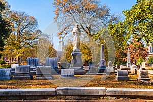 Group of tombstones and sculpture on Oakland Cemetery, Atlanta, USA